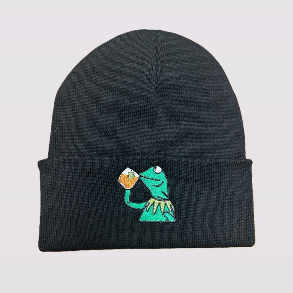 Kermit Black Beanie with Tea Mug Embroidery
